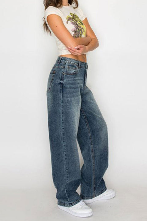 WAXJEAN Mid Rise Antique Wash Straight Leg Baggy Jean with Good Stretch