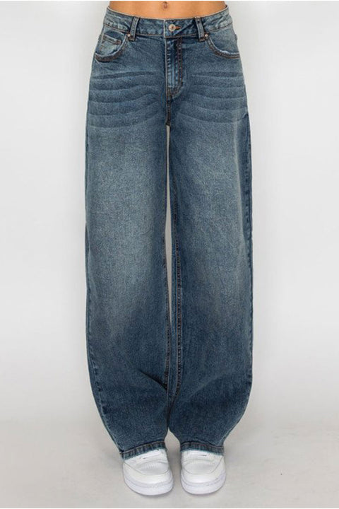 WAXJEAN Mid Rise Antique Wash Straight Leg Baggy Jean with Good Stretch