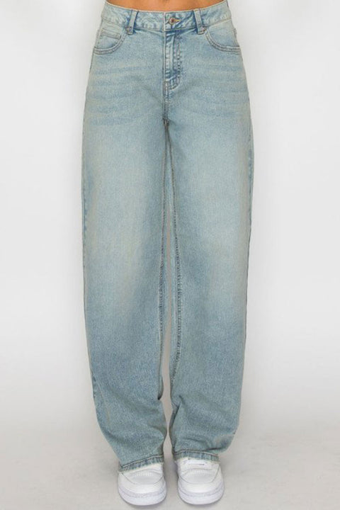 WAXJEAN Mid Rise Antique Wash Straight Leg Baggy Jean with Good Stretch
