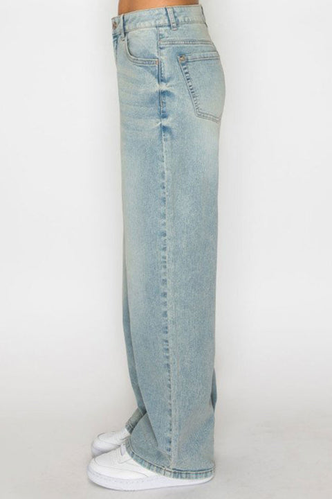 WAXJEAN Mid Rise Antique Wash Straight Leg Baggy Jean with Good Stretch