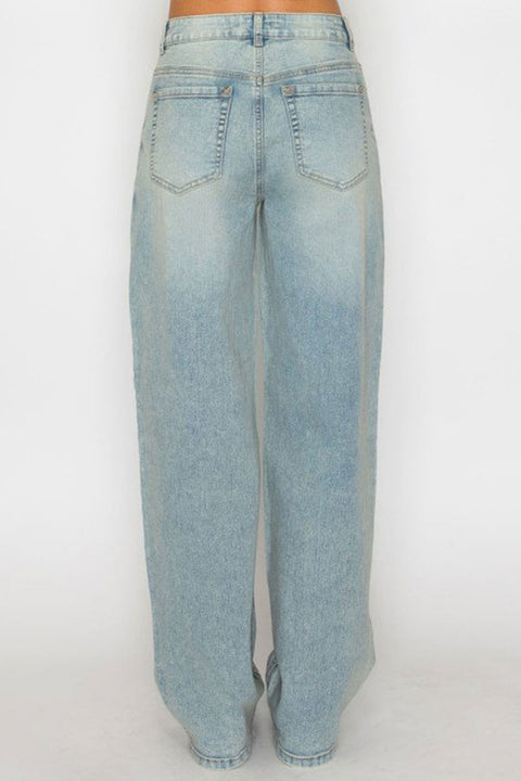 WAXJEAN Mid Rise Antique Wash Straight Leg Baggy Jean with Good Stretch