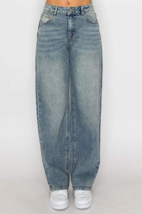 WAXJEAN Mid Rise Antique Wash Straight Leg Baggy Jean with Good Stretch