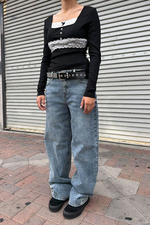 WAXJEAN Mid Rise Antique Wash Straight Leg Baggy Jean with Good Stretch