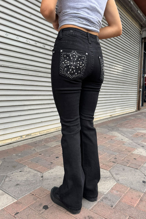 2000s Style Gothic Cross Rhinestone Bling Back Pocket Bootcut Black Jean with Good Stretch