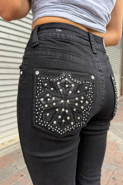 2000s Style Gothic Cross Rhinestone Bling Back Pocket Bootcut Black Jean with Good Stretch