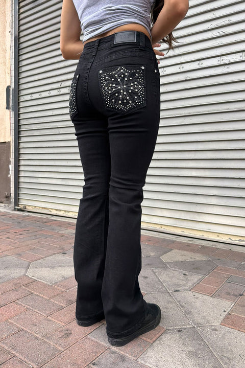 2000s Style Gothic Cross Rhinestone Bling Back Pocket Bootcut Black Jean with Good Stretch