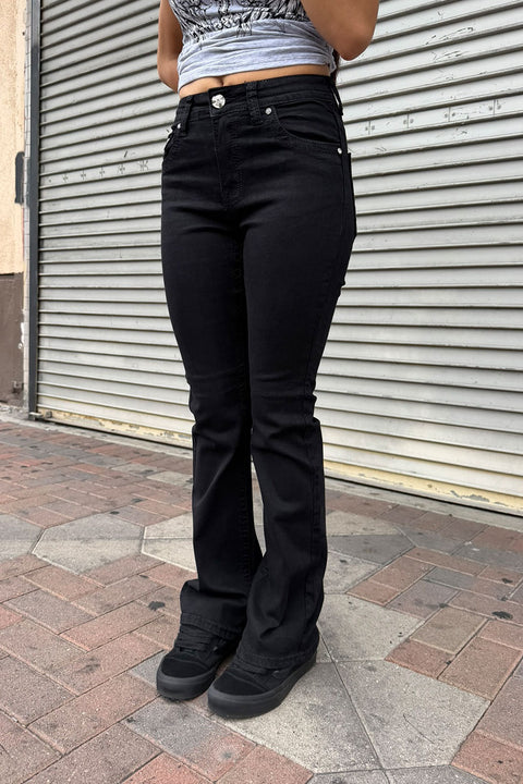 2000s Style Gothic Cross Rhinestone Bling Back Pocket Bootcut Black Jean with Good Stretch