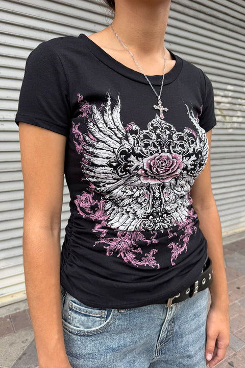 Y2K McBling Pink Rose & Wing Rhinestone Print V-Neck Short Sleeve Side Shirred Biker Top