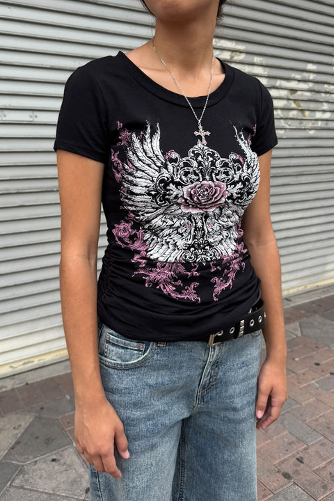 Y2K McBling Pink Rose & Wing Rhinestone Print V-Neck Short Sleeve Side Shirred Biker Top