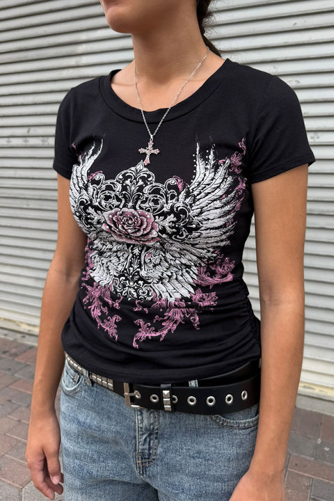 Y2K McBling Pink Rose & Wing Rhinestone Print V-Neck Short Sleeve Side Shirred Biker Top