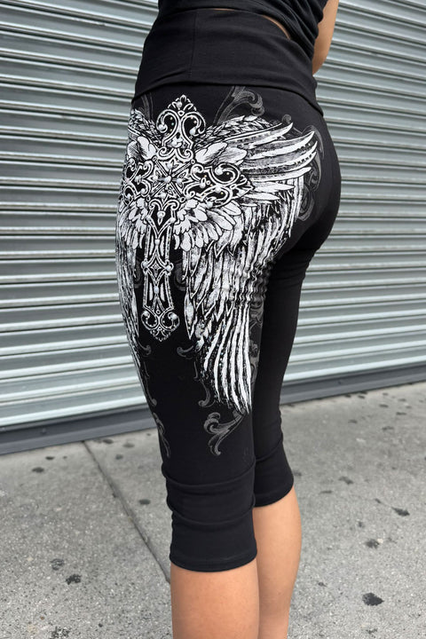 Y2K McBling Cross & Wing Rhinestone Print Fold-Over Capris