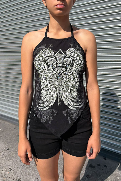 Y2K McBling Fleur De Lis RhineStone Print Halter Tie Neck Top