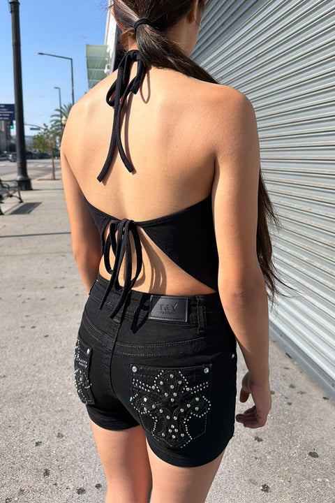Y2K McBling Fleur De Lis RhineStone Print Halter Tie Neck Top