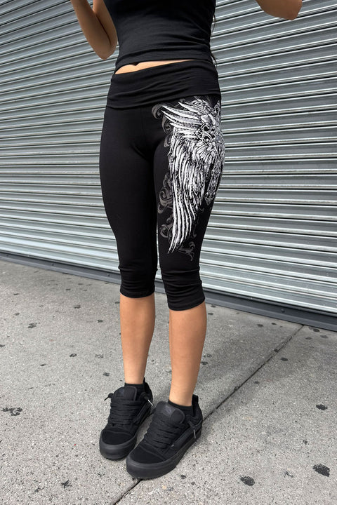 Y2K McBling Cross & Wing Rhinestone Print Fold-Over Capris