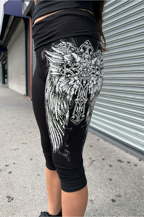 Y2K McBling Cross & Wing Rhinestone Print Fold-Over Capris