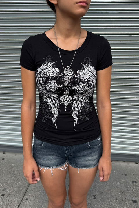 Y2K McBling Gothic Cross & Wing Rhinestone Print V-Neck Short Sleeve Side Shirred Biker Top