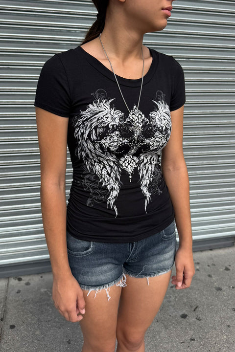 Y2K McBling Gothic Cross & Wing Rhinestone Print V-Neck Short Sleeve Side Shirred Biker Top