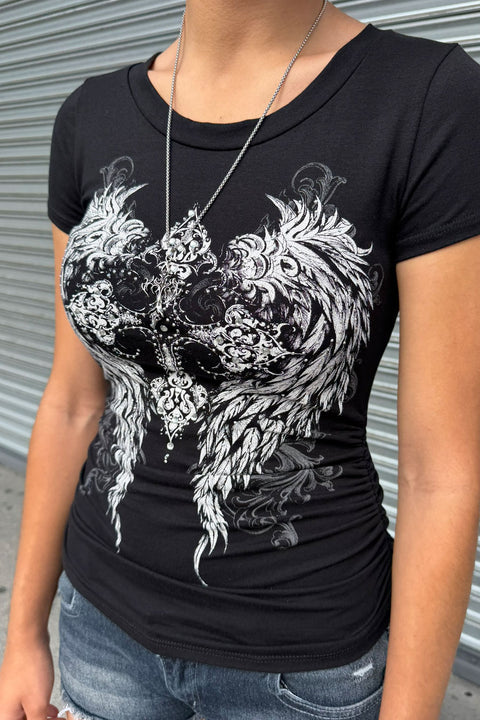 Y2K McBling Gothic Cross & Wing Rhinestone Print V-Neck Short Sleeve Side Shirred Biker Top