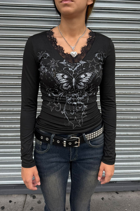 Y2K Goth Butterfly Lace Long Sleeve Top