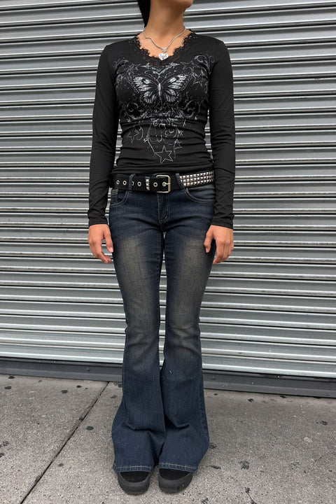 Y2K Goth Butterfly Lace Long Sleeve Top