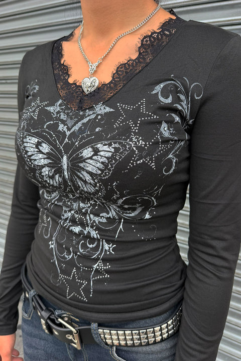 Y2K Goth Butterfly Lace Long Sleeve Top