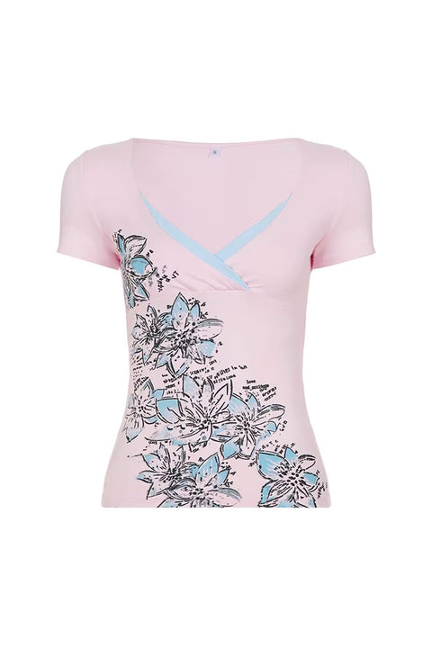 2000s Y2K Floral Print Teal/Black Contrast V-Neck Short Sleeve Top
