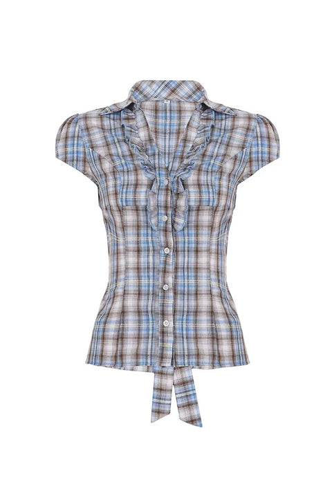 Y2K Preppy Plaid Ruffled Cap Sleeve Tie-Back Shirt