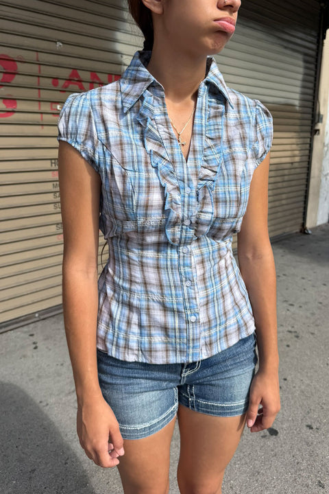 Y2K Preppy Plaid Ruffled Cap Sleeve Tie-Back Shirt