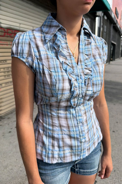 Y2K Preppy Plaid Ruffled Cap Sleeve Tie-Back Shirt