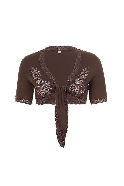 2000s Boho Romantic Floral Print Short Sleeve Self Tie Bolero Top