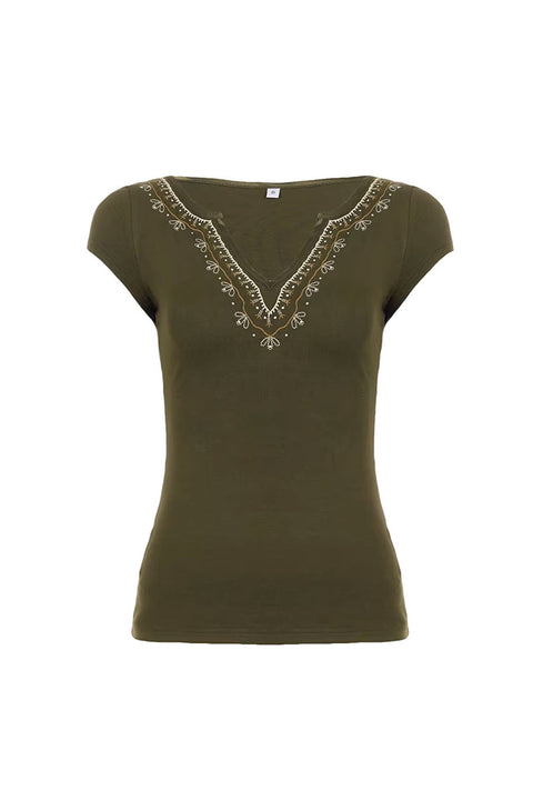 Y2K Boho Chic Sequin Embroidered V-Neck Short Sleeve Slim Fit Top
