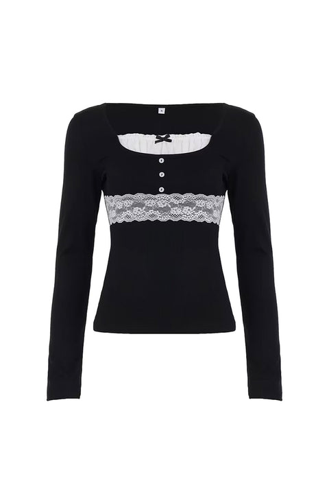 Y2K Dark Feminine Long Sleeve Contrast Lace Coquette Charm Rib Knit Top