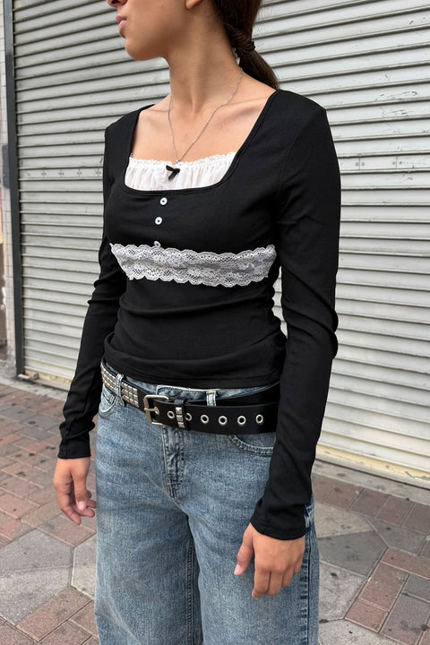 Y2K Dark Feminine Long Sleeve Contrast Lace Coquette Charm Rib Knit Top