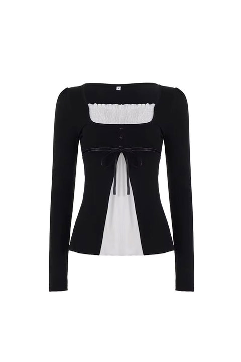 Y2K Dark Feminine Square Neck Layered-Look Long Sleeve Top