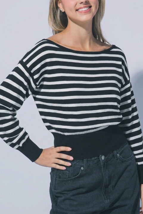 Casual Chic Striped Off-The-Shoulder Long Balloon Sleeve Knit Sweater