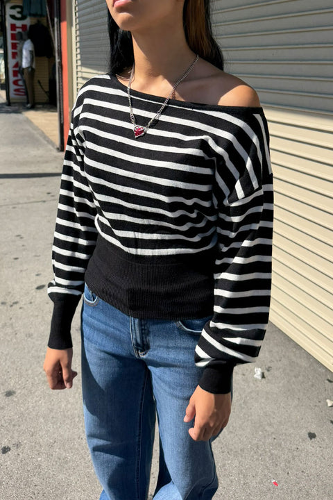 Casual Chic Striped Off-The-Shoulder Long Balloon Sleeve Knit Sweater