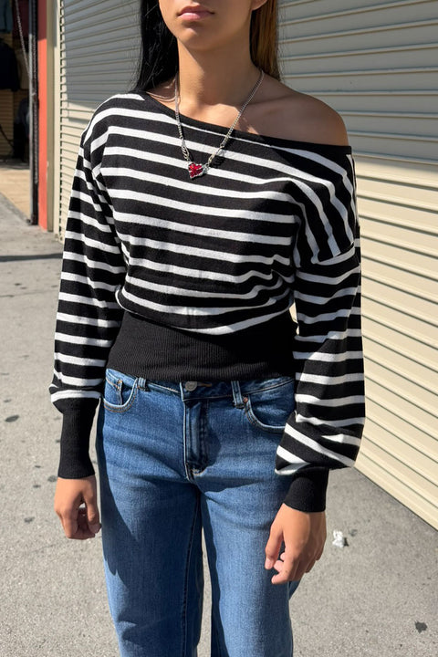 Casual Chic Striped Off-The-Shoulder Long Balloon Sleeve Knit Sweater
