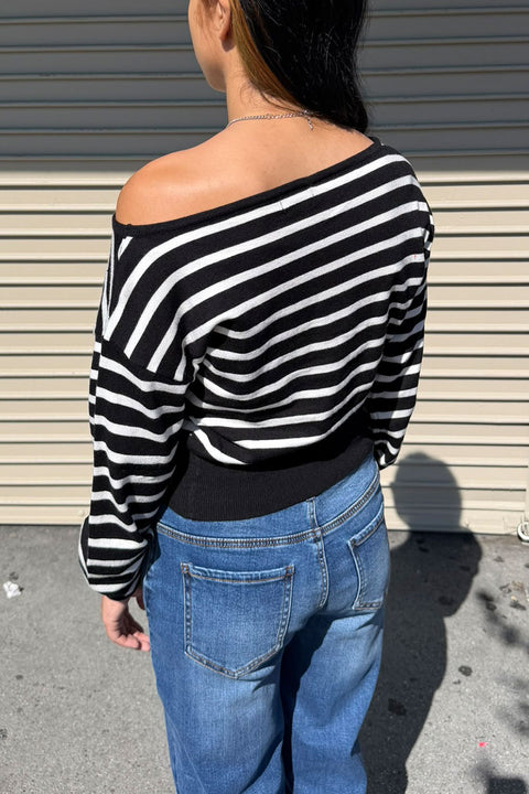 Casual Chic Striped Off-The-Shoulder Long Balloon Sleeve Knit Sweater