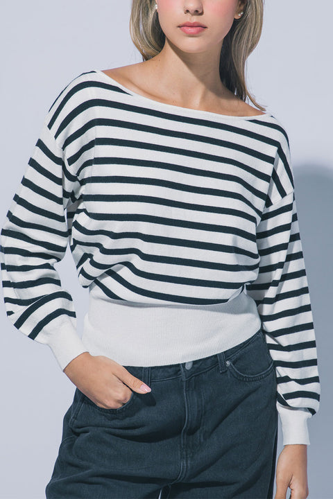 Casual Chic Striped Off-The-Shoulder Long Balloon Sleeve Knit Sweater