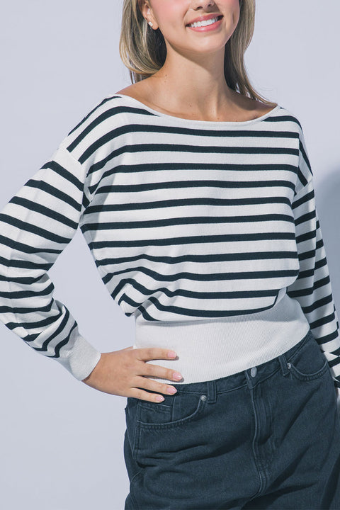 Casual Chic Striped Off-The-Shoulder Long Balloon Sleeve Knit Sweater