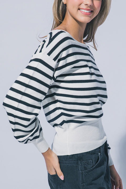 Casual Chic Striped Off-The-Shoulder Long Balloon Sleeve Knit Sweater