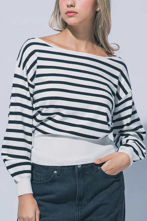 Casual Chic Striped Off-The-Shoulder Long Balloon Sleeve Knit Sweater