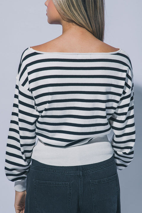 Casual Chic Striped Off-The-Shoulder Long Balloon Sleeve Knit Sweater