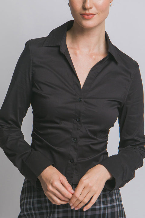 Fitted V-Neck Long Sleeve Button Down Shirt