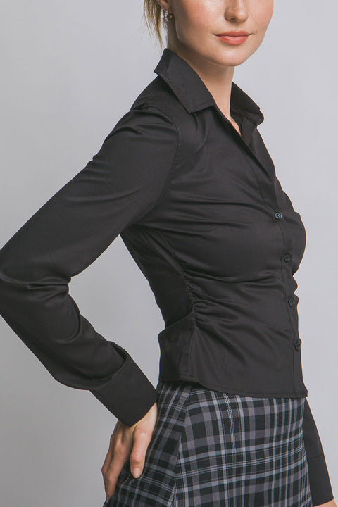 Fitted V-Neck Long Sleeve Button Down Shirt