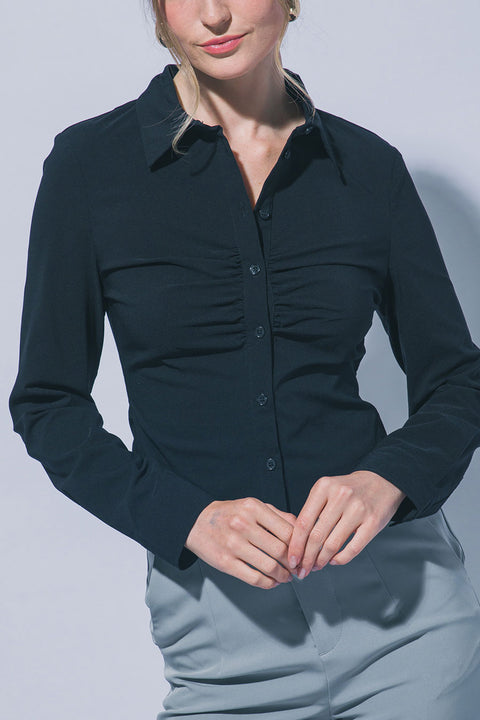 Ruched Button-Down Long Sleeve Classic Point Collar Shirt