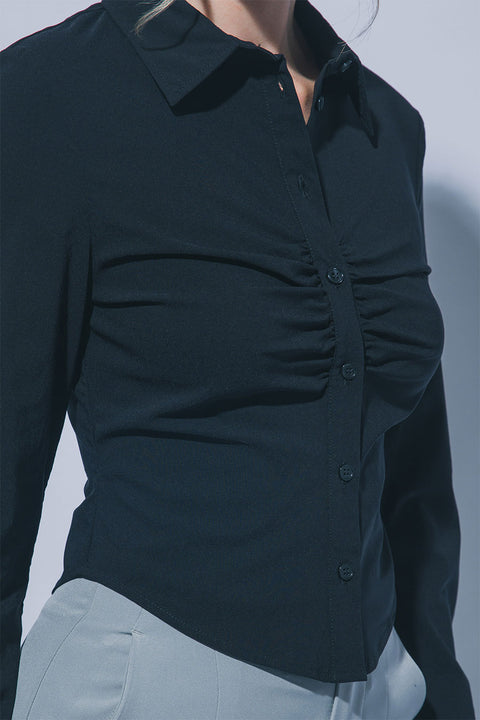Ruched Button-Down Long Sleeve Classic Point Collar Shirt