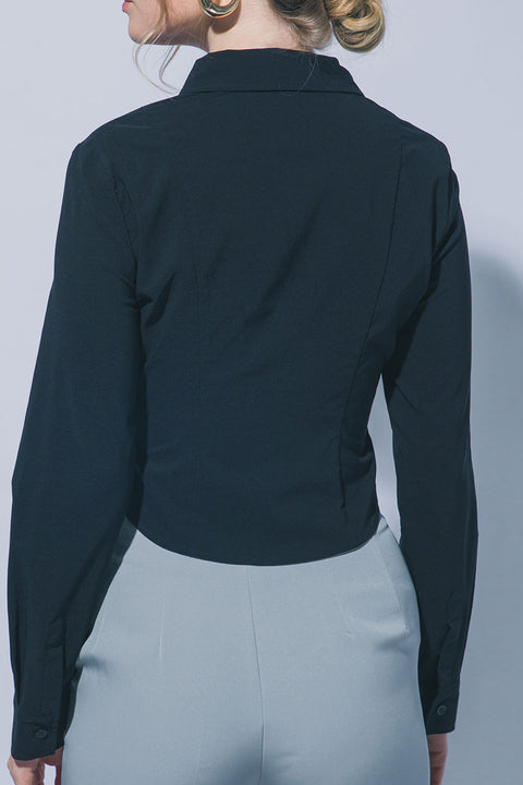 Ruched Button-Down Long Sleeve Classic Point Collar Shirt