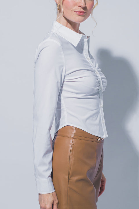 Ruched Button-Down Long Sleeve Classic Point Collar Shirt