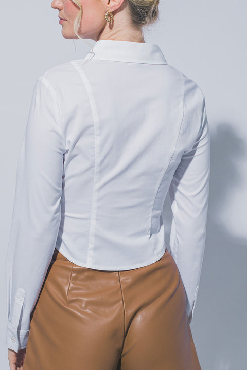 Ruched Button-Down Long Sleeve Classic Point Collar Shirt
